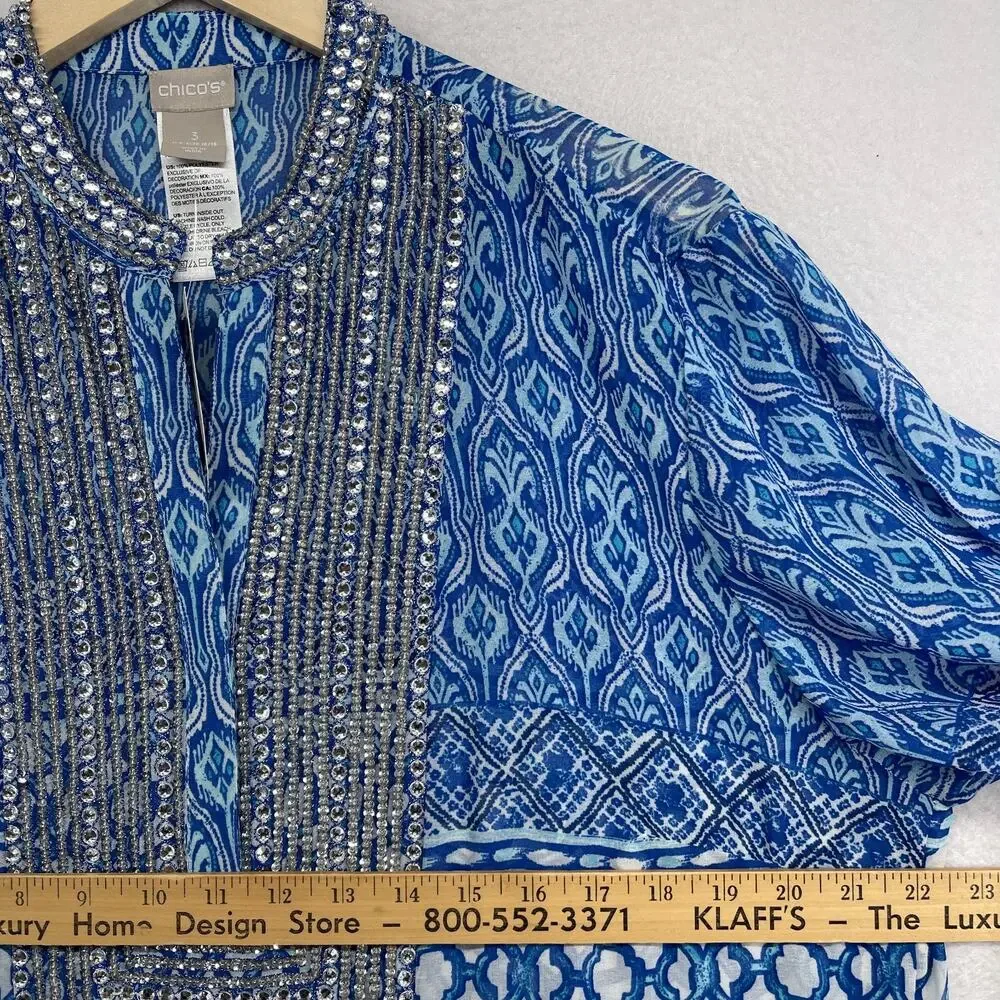 CHICOS Tunic 3 XL Chiffon Seaside Scroll Kurta Embellished Long Sleeve Blue NEW - Picture 12 of 14